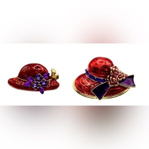 Vintage Pair Red Hat Society Brooches Pins Gold Tone Red Enamel Purple Crystals